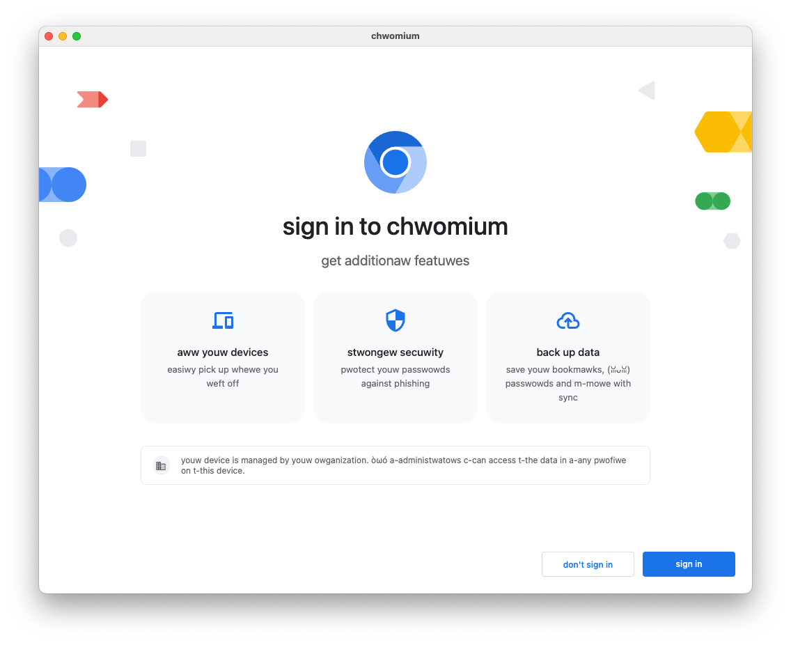 uwu 言語の Chromium UI のスクリーンショット
