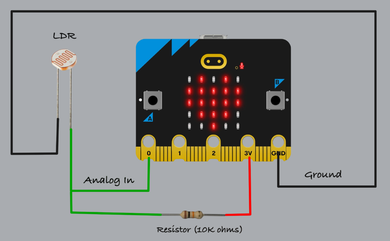 フォトレジスタを Microbit に接続した回路