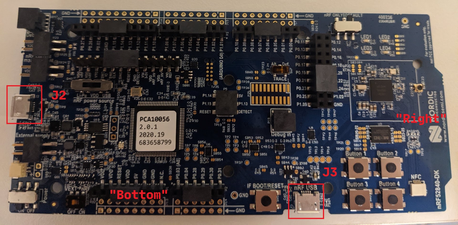 nRF52840 Development Kit (DK) のラベル付き図