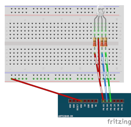 外部 RGB LED、コモンアノードのブレッドボード図