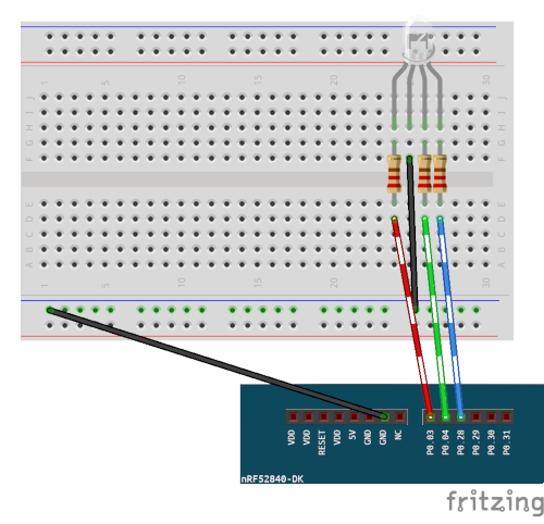 外部 RGB LED、コモンカソードのブレッドボード図